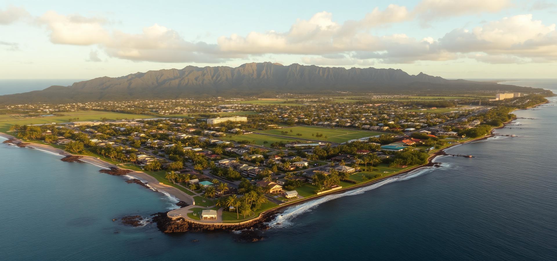 Aerial view of Oahu neighborhoods and coastline